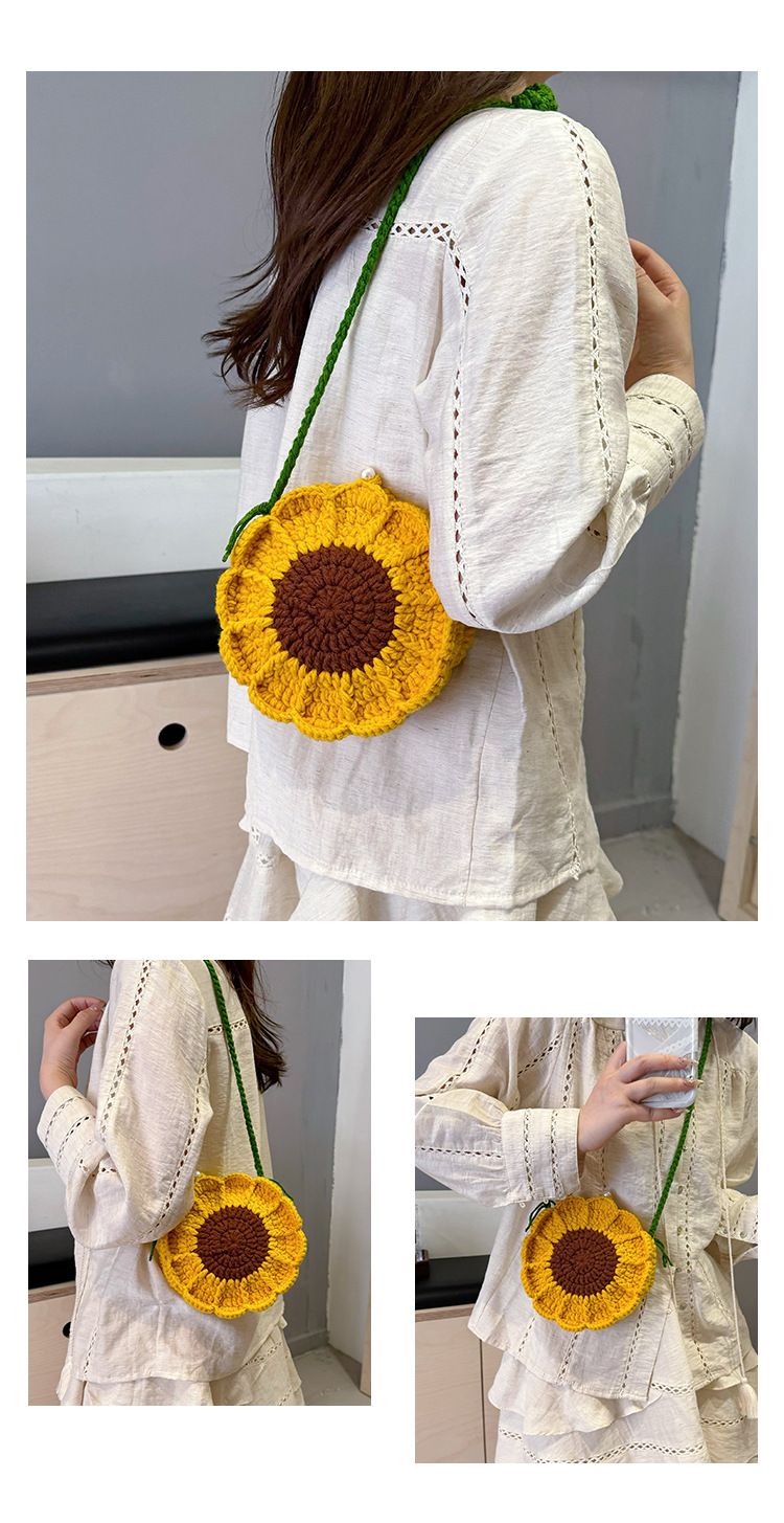 Yellow Handmade Crochet Sunflower Crossbody Bag – Cute Floral Knitted Button view 4