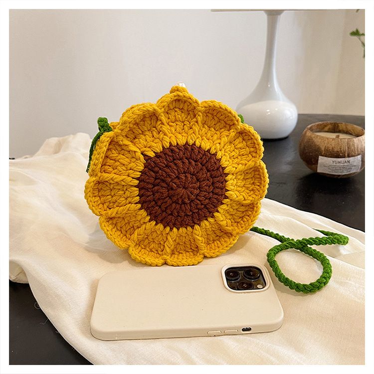Yellow Handmade Crochet Sunflower Crossbody Bag – Cute Floral Knitted Button view 5