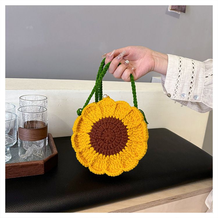 Yellow Handmade Crochet Sunflower Crossbody Bag – Cute Floral Knitted Button view 8