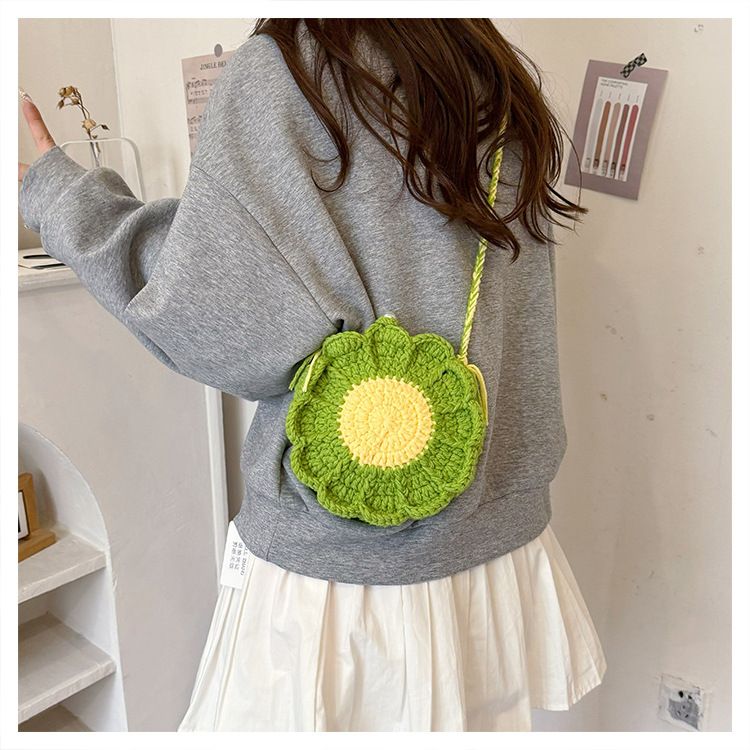 Green Handmade Crochet Sunflower Crossbody Bag – Cute Floral Knitted Button view 3