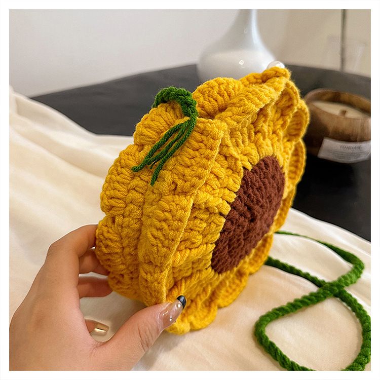 Green Handmade Crochet Sunflower Crossbody Bag – Cute Floral Knitted Button view 7