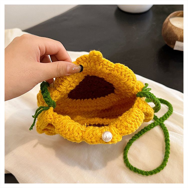 Green Handmade Crochet Sunflower Crossbody Bag – Cute Floral Knitted Button view 8
