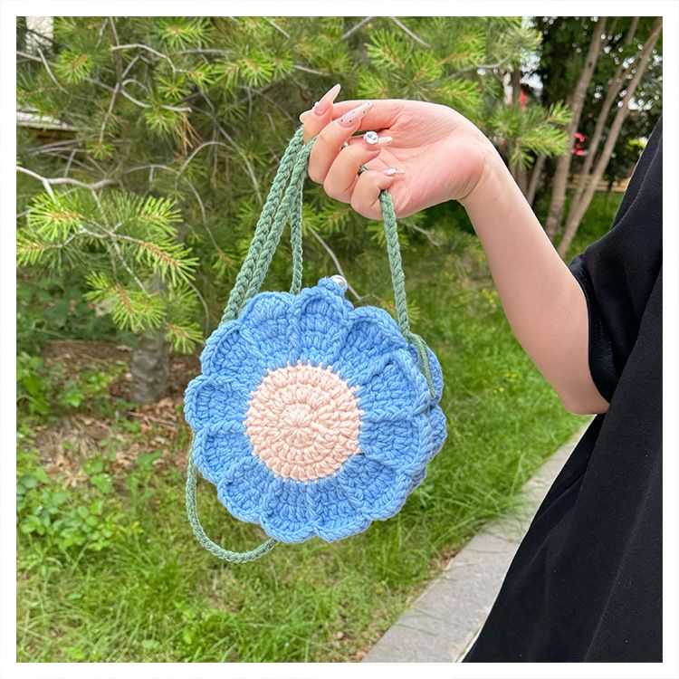 Blue Handmade Crochet Sunflower Crossbody Bag – Cute Floral Knitted Button view 2