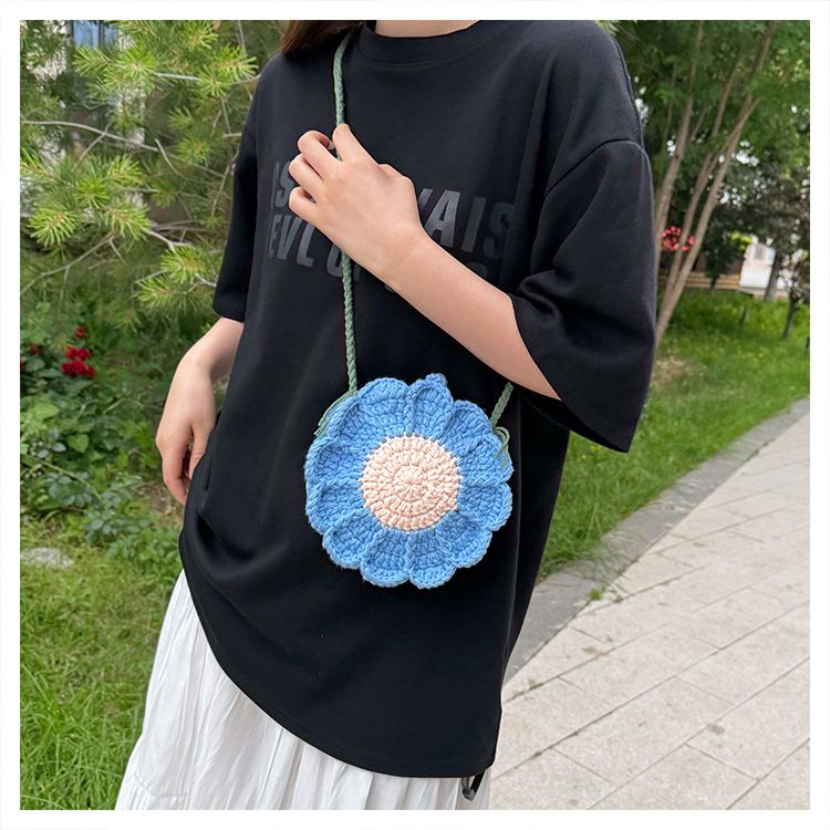 Blue Handmade Crochet Sunflower Crossbody Bag – Cute Floral Knitted Button view 3