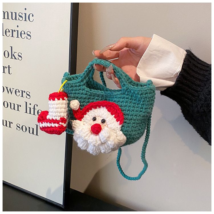 Green Handmade Crochet Santa Claus Bag – Festive Christmas Knitted Shoulder view 2