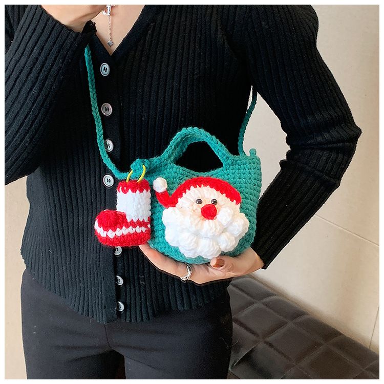 Green Handmade Crochet Santa Claus Bag – Festive Christmas Knitted Shoulder view 3