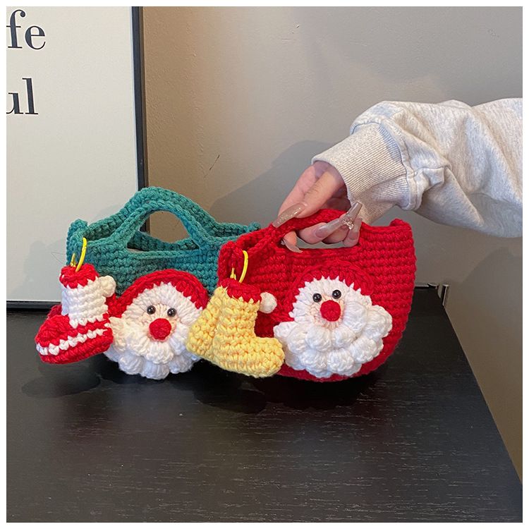 Green Handmade Crochet Santa Claus Bag – Festive Christmas Knitted Shoulder view 6