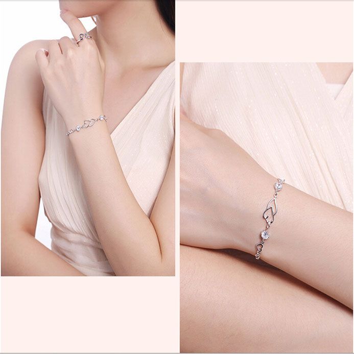 Heart-to-Heart Silver Plated Bracelet with Sparkling Rhinestones Elegant view 5