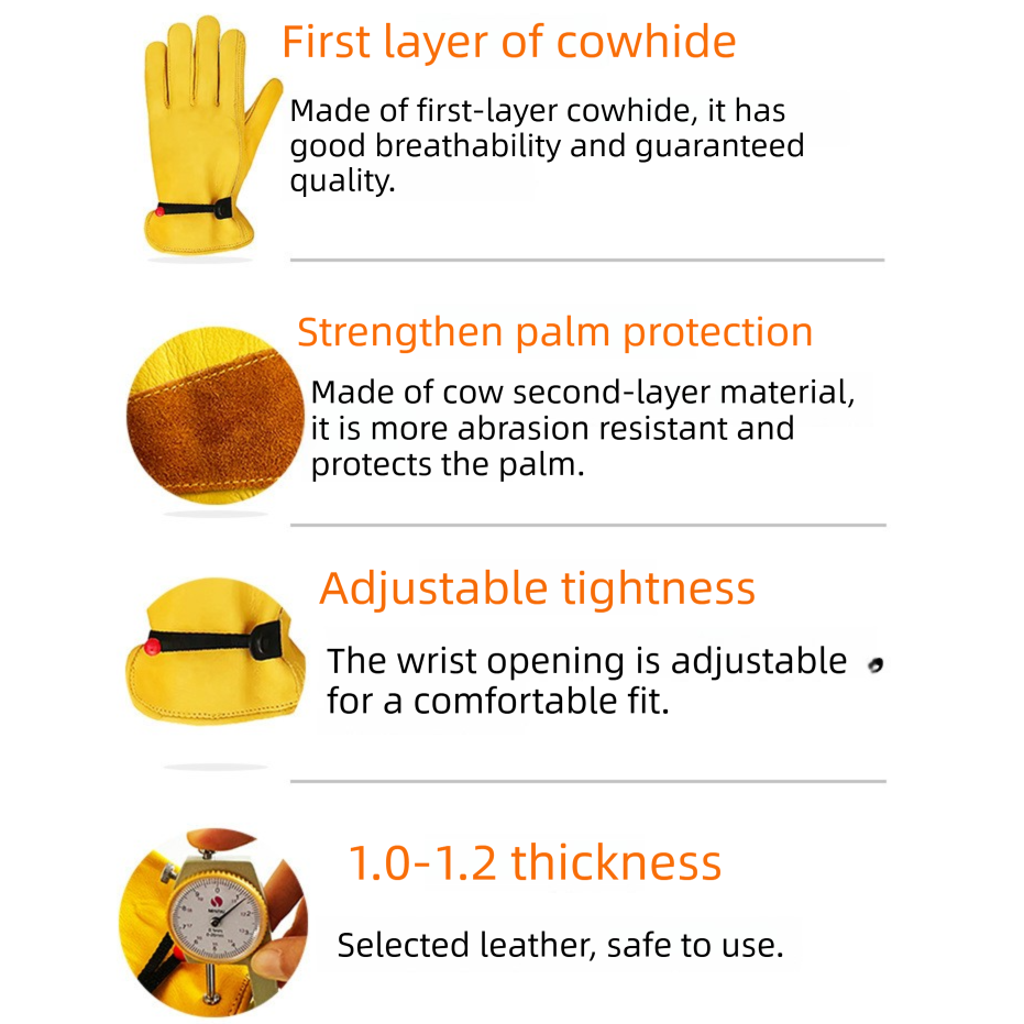 Size L Golden Yellow Top-Grain Cowhide Protective Work Gloves view 3
