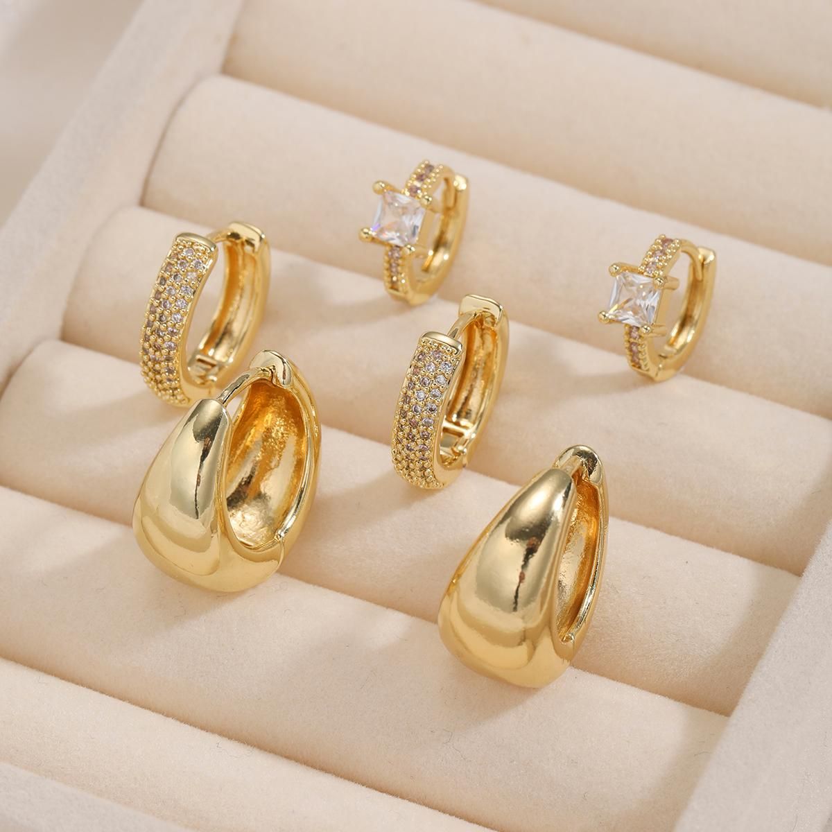 Cubic Zirconia Twisted Hoop Earring Set - 3-Piece Elegant CZ Inlay Copper Ear view 2