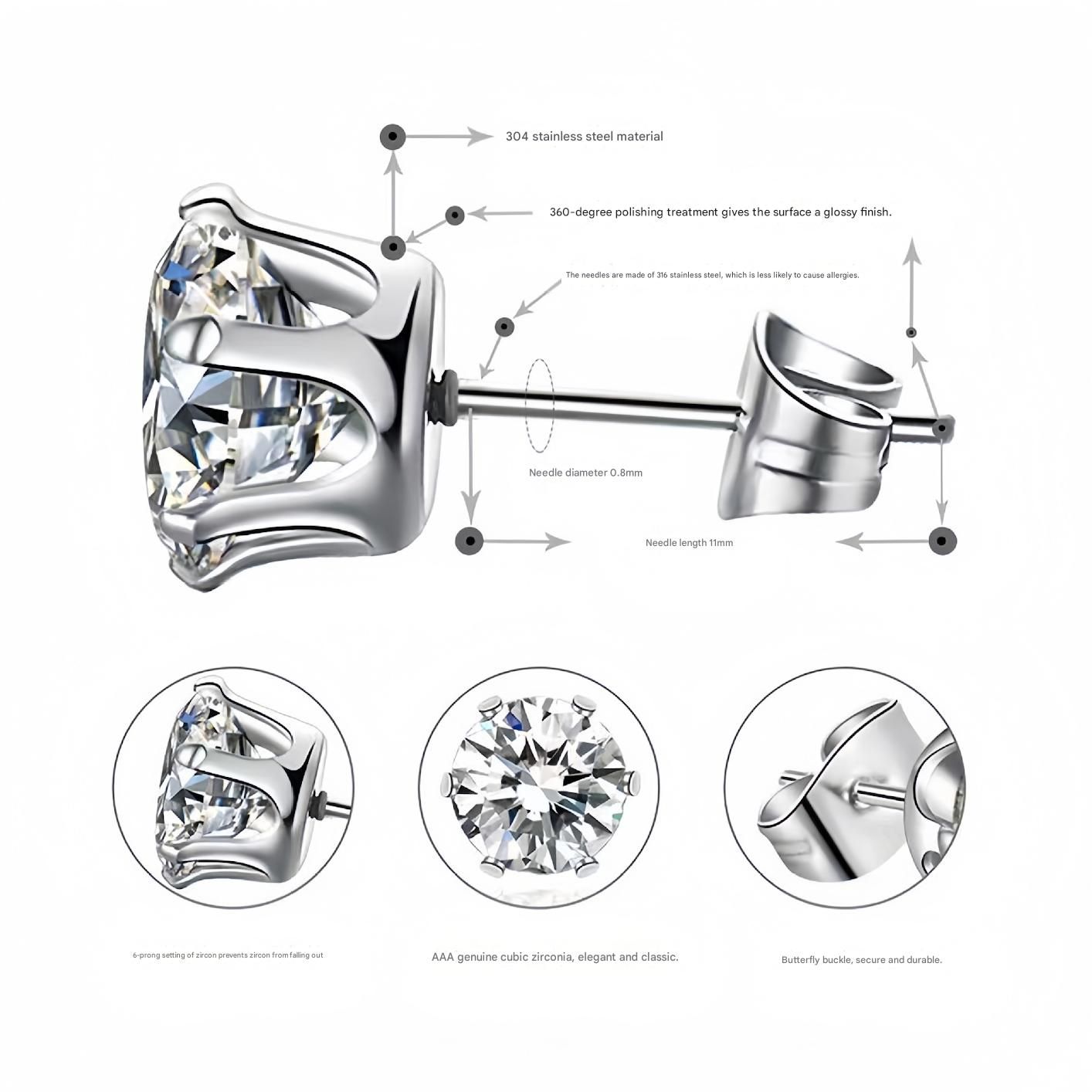 6-Pair Golden Stainless Steel Stud Earring Set - Classic 6-Prong Crown Setting view 3