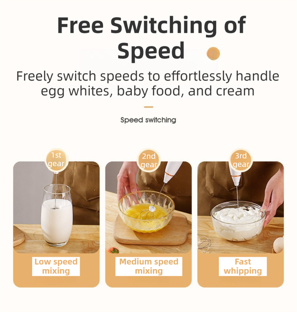 Wood Grain Wireless 3-Speed Milk Frother & Egg Whisk with Dual Mixing Heads & view 4