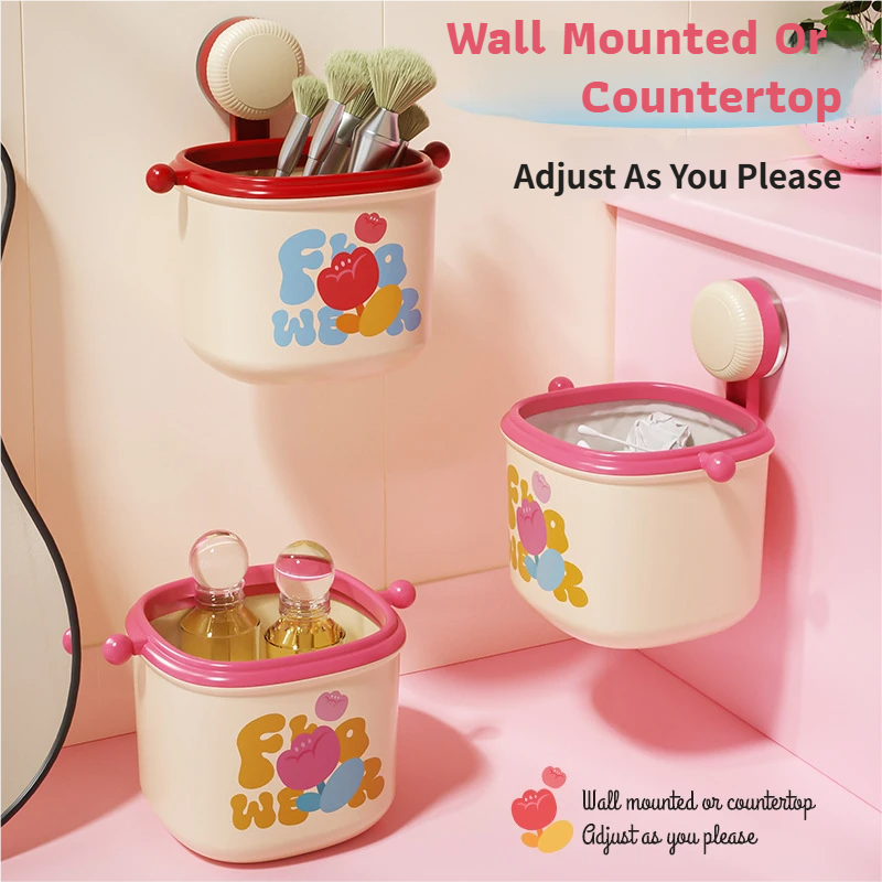 Cream Powder Cute Suction Cup Wall-Mounted Trash Bin with Bag Press Ring and view 2