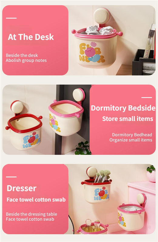Cream Powder Cute Suction Cup Wall-Mounted Trash Bin with Bag Press Ring and view 4