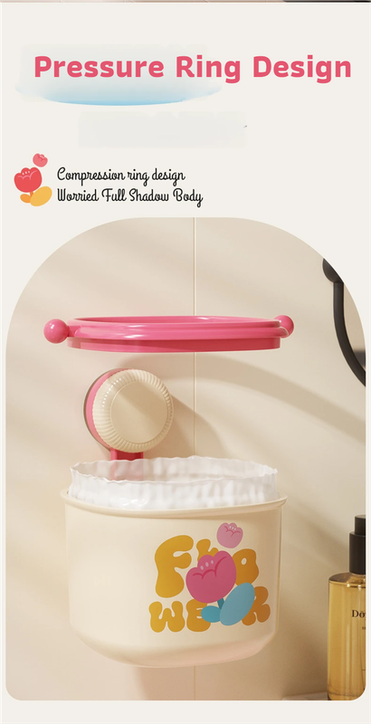 Cream Powder Cute Suction Cup Wall-Mounted Trash Bin with Bag Press Ring and view 6