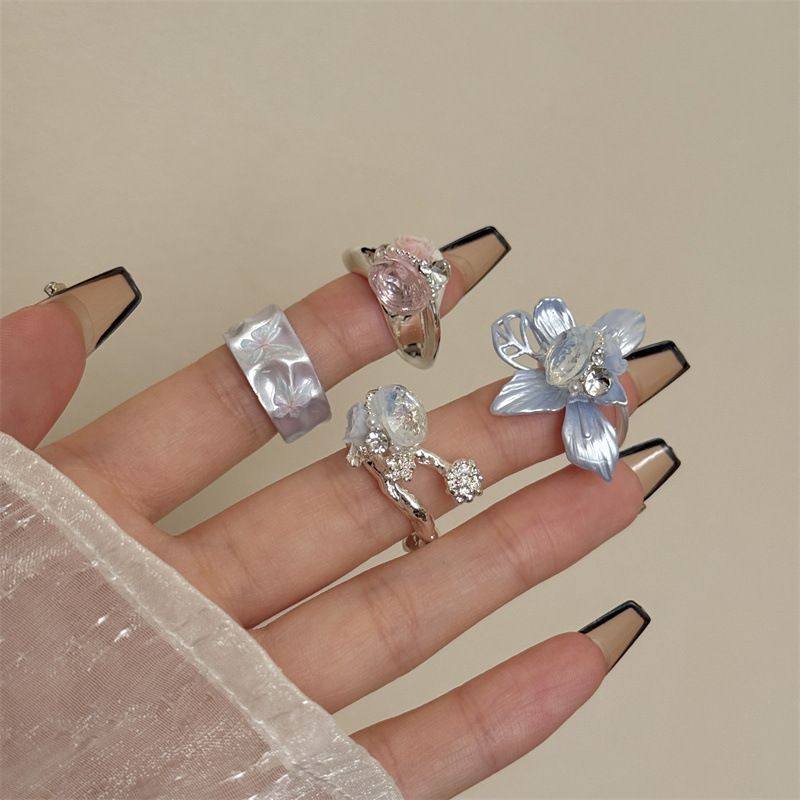 Vintage Camellia Handmade Enamel Wide Metal Ring D with Zirconia Accents view 3