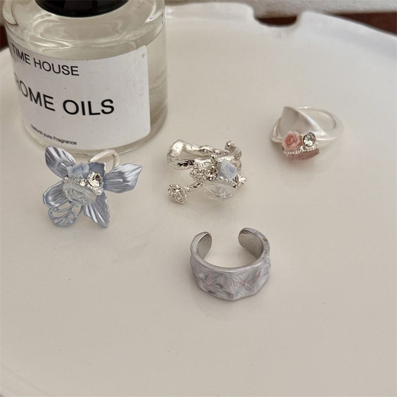 2PCS Vintage Camellia Handmade Enamel Stackable Wide Metal Rings A+B with view 2