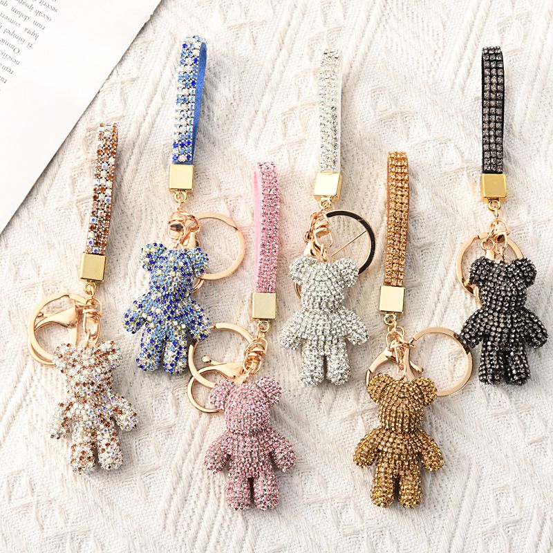 Blue Crystal-Encrusted Sparkling Bear Keychain - Luxury Fashion Bag Charm & view 2