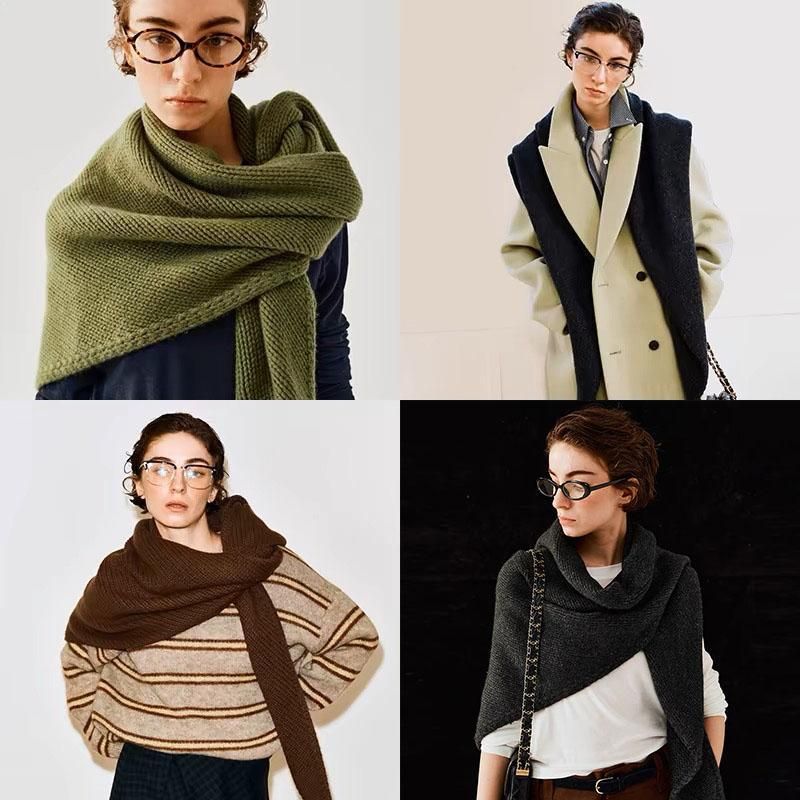Brown Retro Wool Blend 190x70cm Knitted Triangle Scarf - Multifunction Warm view 3