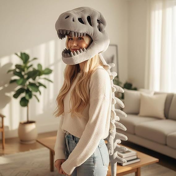 80CM Grey Funny Dinosaur Skeleton Plush Headwear – Quirky Bone Fossil Plushie
