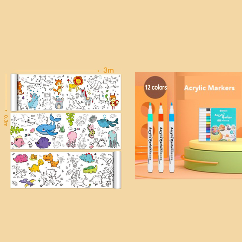 2 Piece- 3M Coloring Scroll Drawing Paper and 12-Color Marker Set