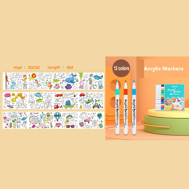 2 Piece- 6M Coloring Scroll Drawing Paper and 12-Color Marker Set
