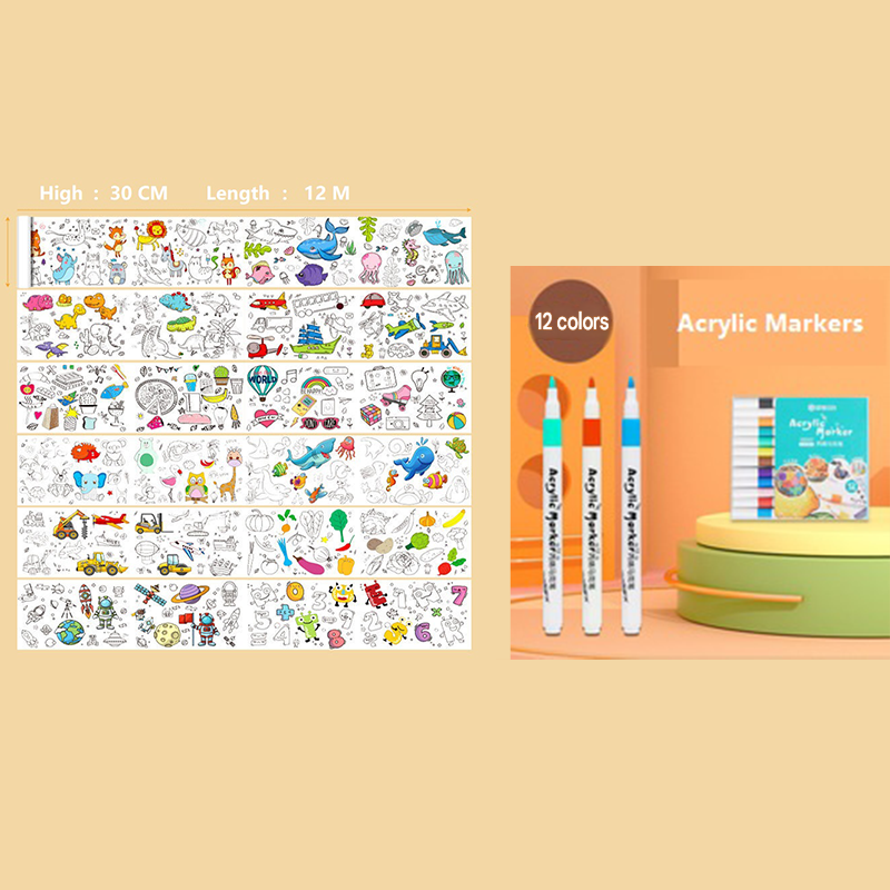 2 Piece- 12M Coloring Scroll Drawing Paper and 12-Color Marker Set