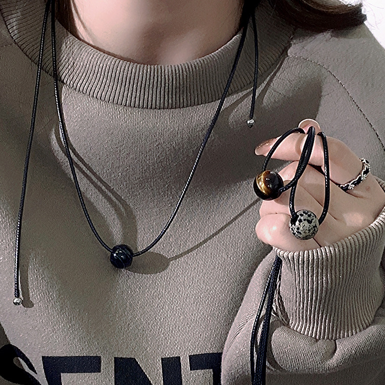 6-piece Vintage Geometric Natural Stone Bead Pendant Necklace Adjustable Black view 2