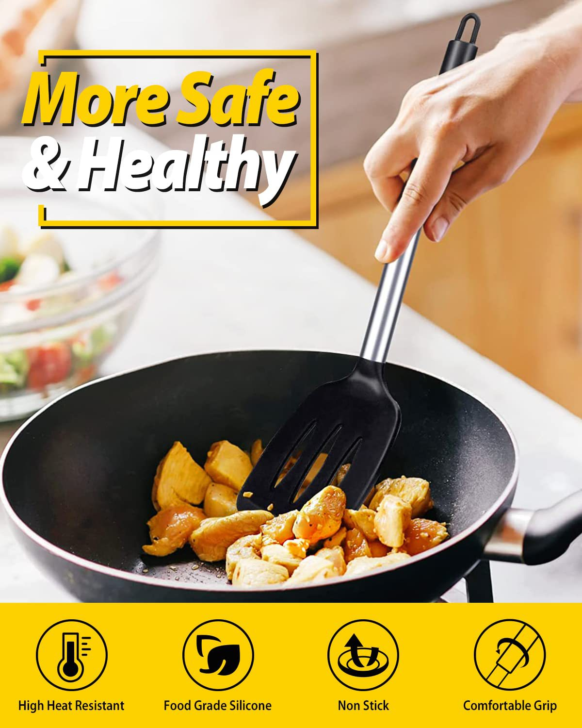 Black 4-Piece Silicone Spatula Set Slotted Turner Solid Turner Stainless Steel view 4