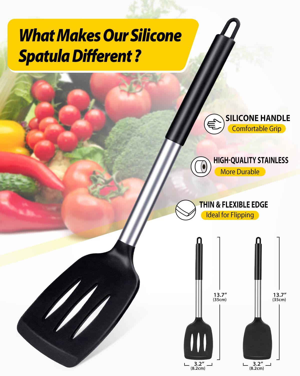 Grey 4-Piece Silicone Spatula Set Slotted Turner Solid Turner Stainless Steel view 2