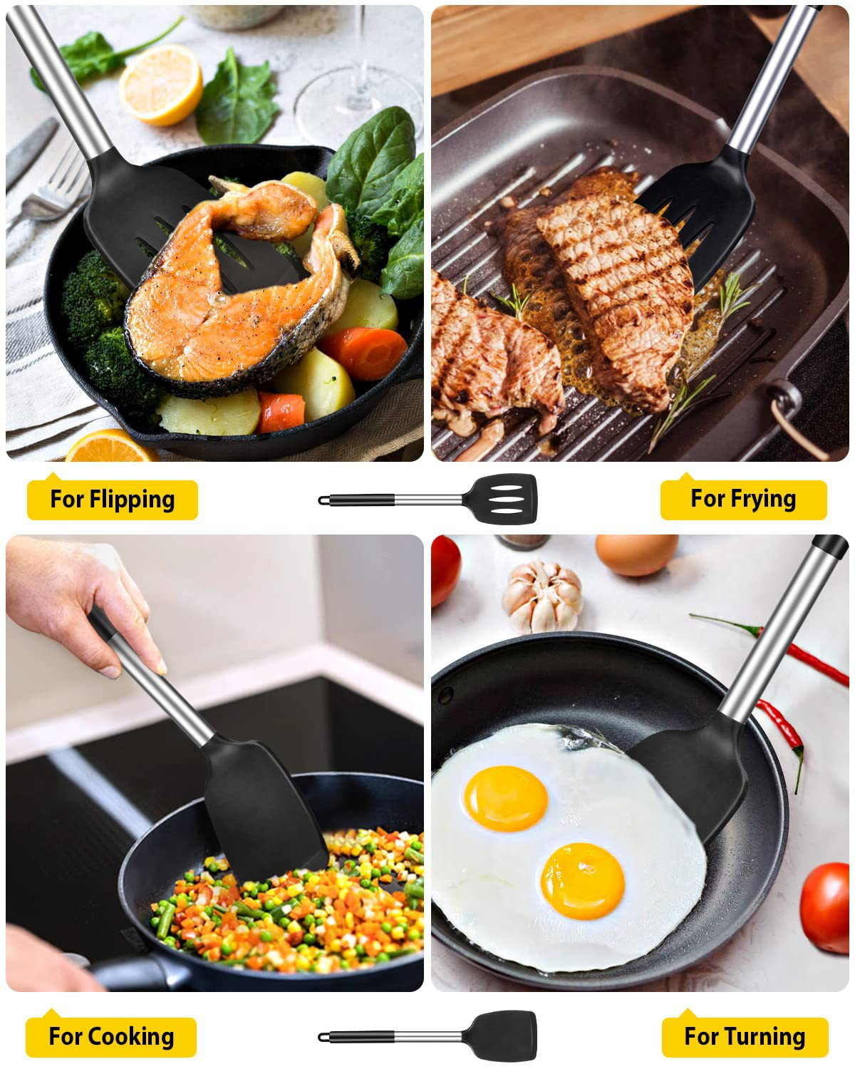 Grey 4-Piece Silicone Spatula Set Slotted Turner Solid Turner Stainless Steel view 3