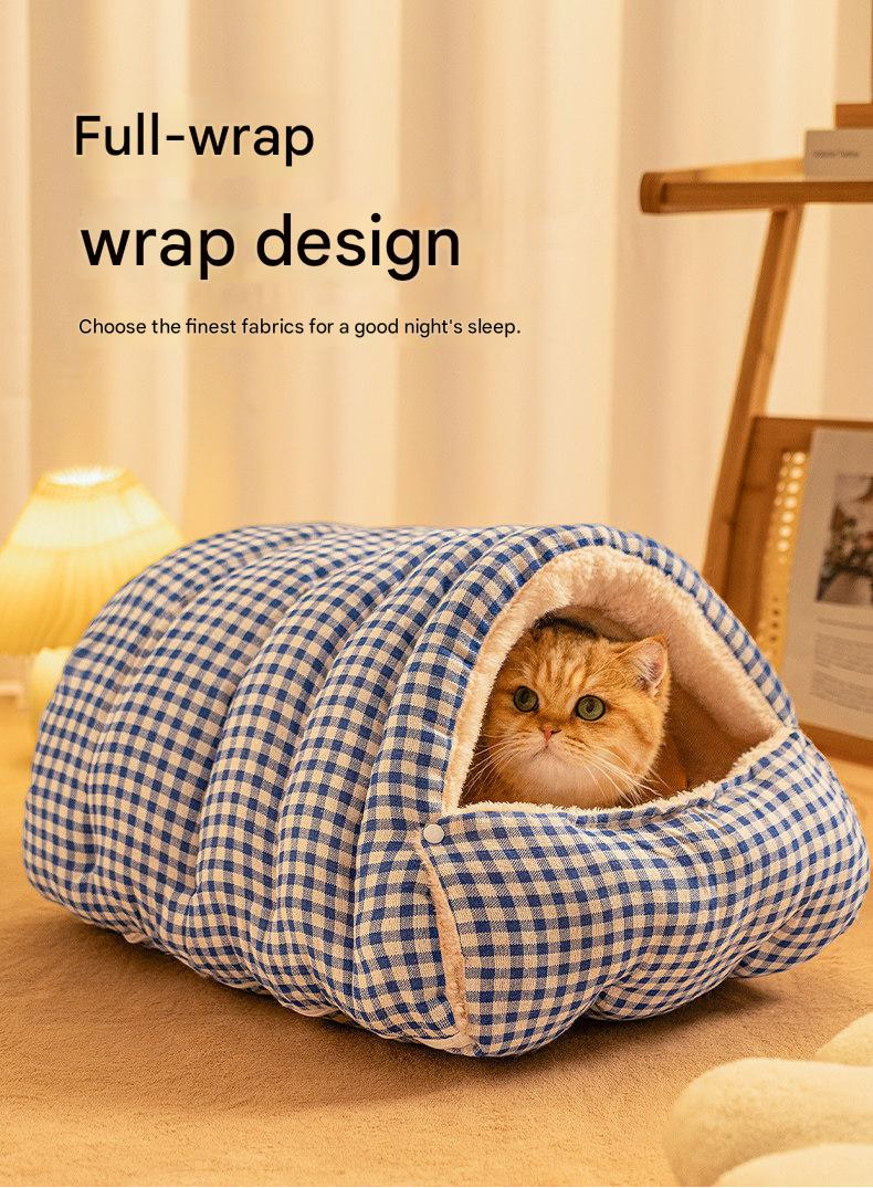 M size Blue Plaid Cat Cave Bed Winter Warm Enclosed Pet House Cozy Cat view 4