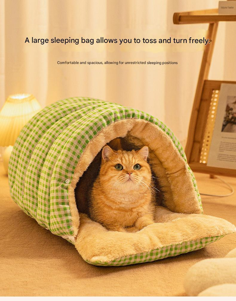 M size Green Plaid Cat Cave Bed Winter Warm Enclosed Pet House Cozy Cat view 5
