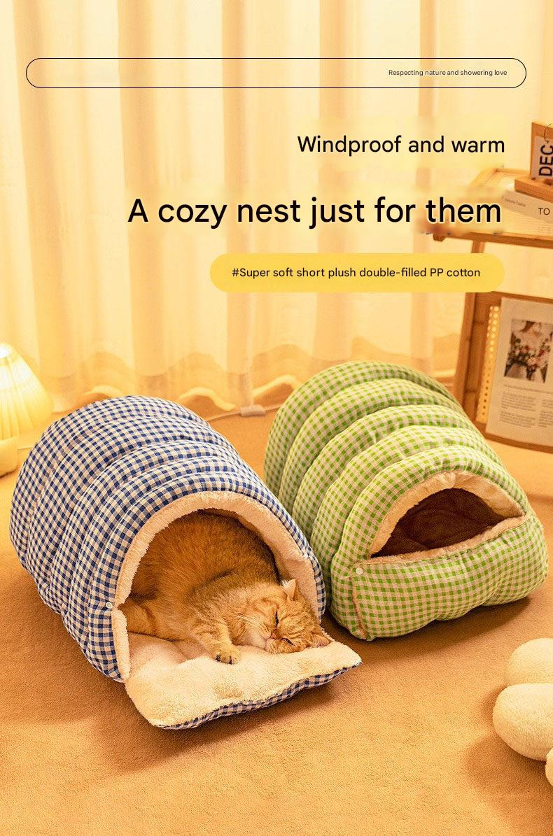 M size Orange Plaid Cat Cave Bed Winter Warm Enclosed Pet House Cozy Cat view 2