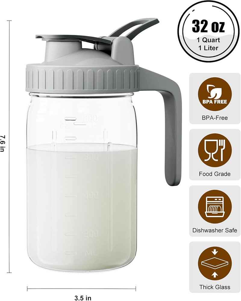 White Glass Mason Jar Pitcher 32oz with Flip Lid Pour Spout Milk Jug view 4