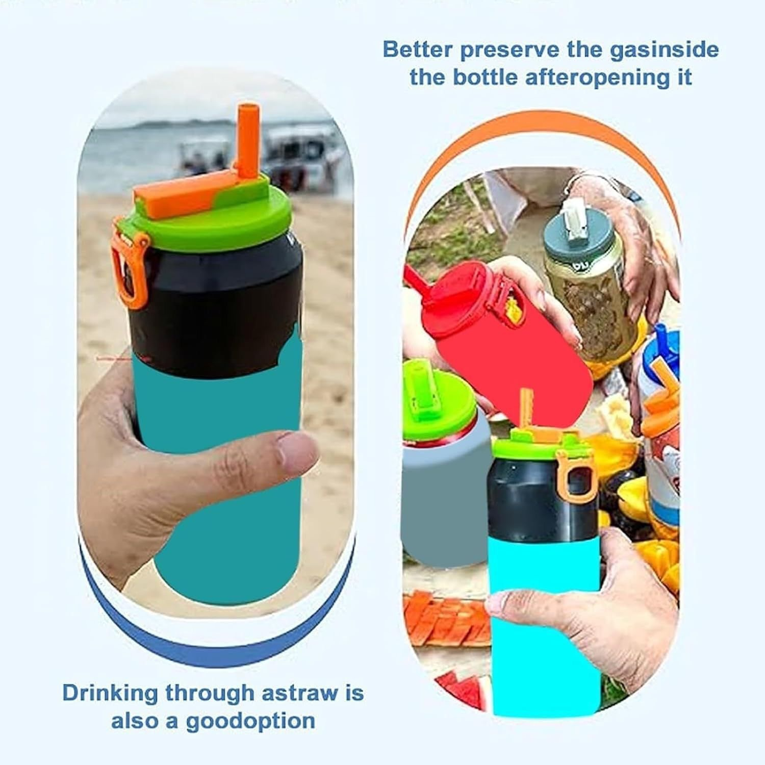 Grey Reusable Soda Can Lid with Straw and Carrying Handle - Spill-Proof view 6