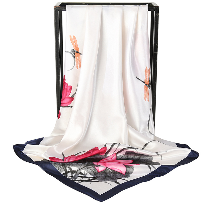 White Dragonfly and Lotus Flower Painting Elegant 90x90cm Satin Silk Scarf for — image 1