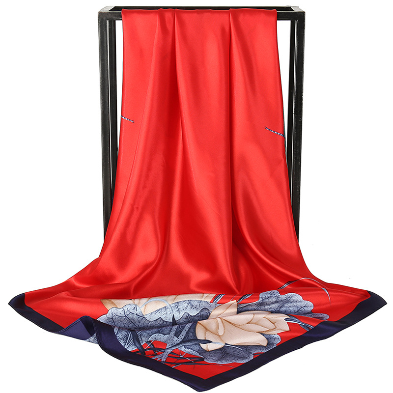 Red Dragonfly and Lotus Flower Painting Elegant 90x90cm Satin Silk Scarf for — image 1