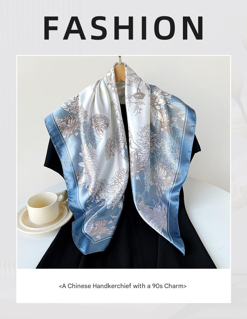 Blue Gift Box Set Elegant 90x90cm Women's Square Scarf - Vintage Floral Print view 2