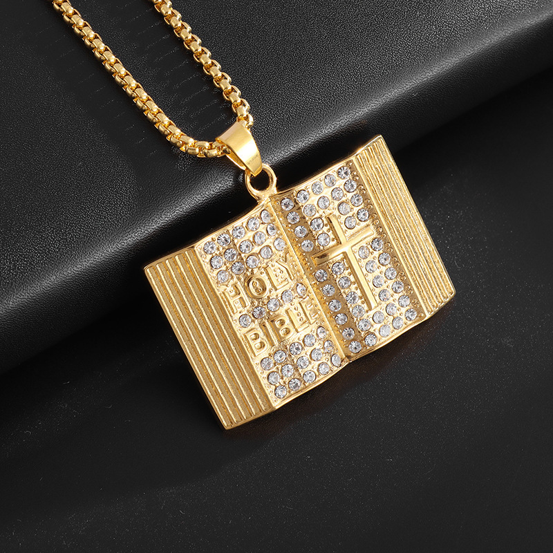 Aureate Vintage Holy Bible Book Pendant Necklace - Plated Alloy Cross view 3