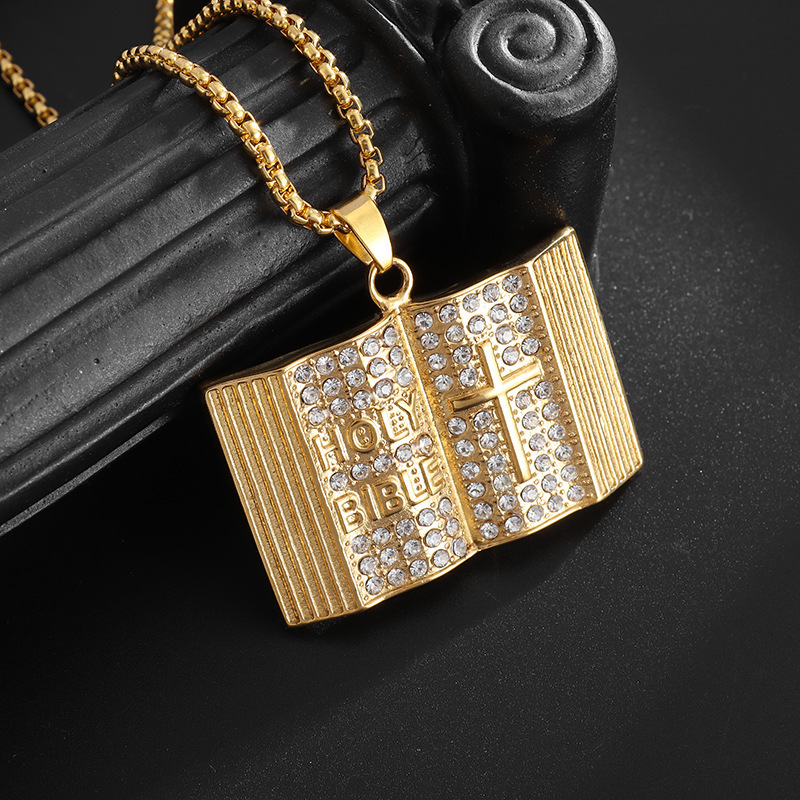 Aureate Vintage Holy Bible Book Pendant Necklace - Plated Alloy Cross view 4