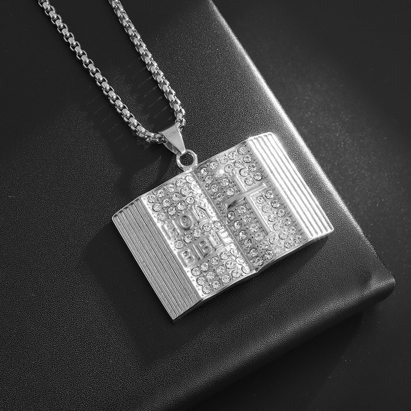 Steel-colored Vintage Holy Bible Book Pendant Necklace - Plated Alloy Cross view 2