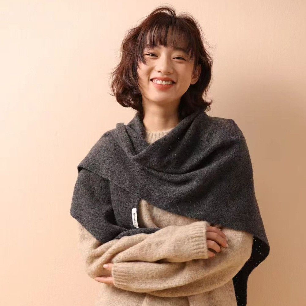 Oatmeal color Women's Wool Blend Triangle Shawl - 70x180cm Knitted Winter Wrap view 2