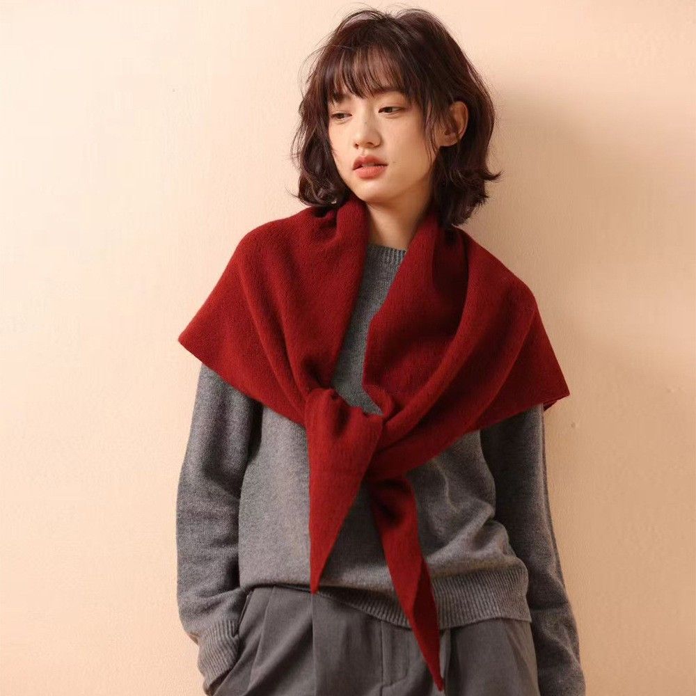 Oatmeal color Women's Wool Blend Triangle Shawl - 70x180cm Knitted Winter Wrap view 3