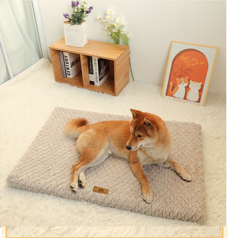 Coffee M size Pet Dog Bed Mat - Plush Short Fur Cover with Wave Foam Padding view 8