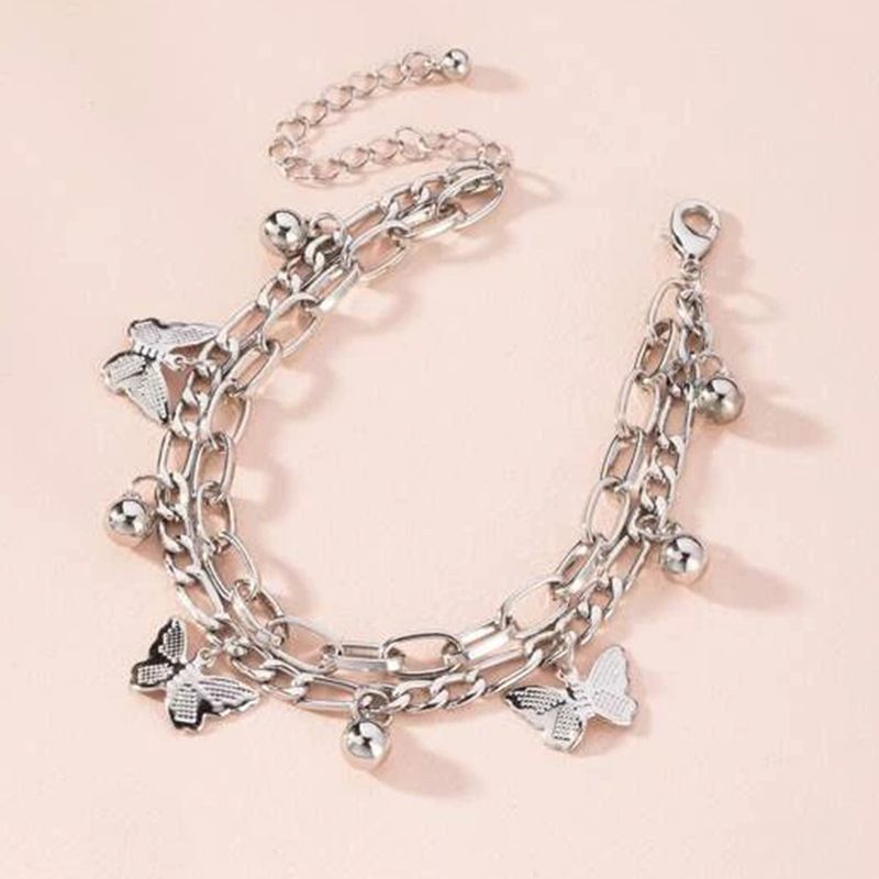 Silvery Butterfly Charm Layered Chain Bracelet - Gold and Silver Alloy Finish view 2