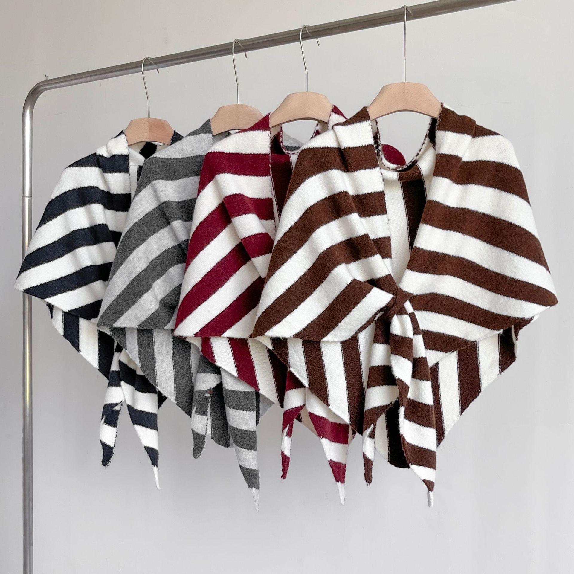 Grey Striped Women's Triangle Shawl Cape - Soft Knit Faux Cashmere Poncho Wrap view 4