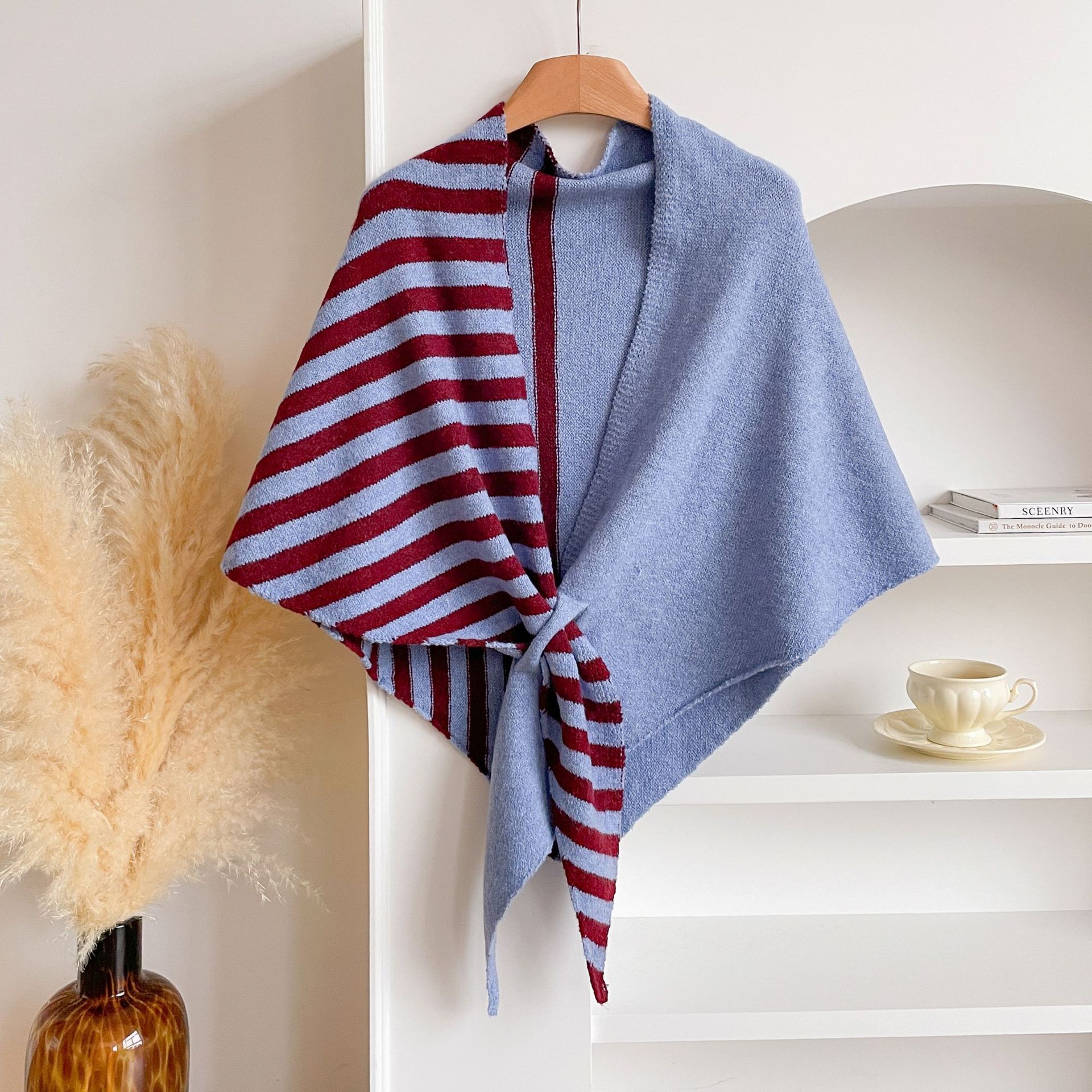 Black and Grey Color blocking Striped Women's Triangle Shawl Cape - Soft Knit view 3
