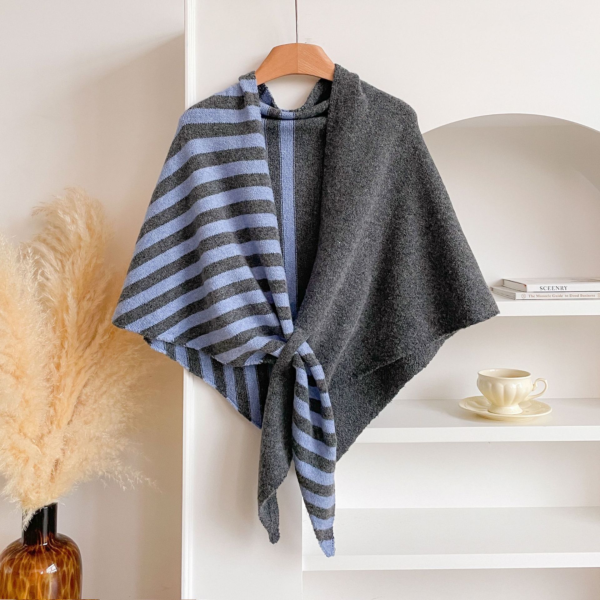 Black and Grey Color blocking Striped Women's Triangle Shawl Cape - Soft Knit view 4