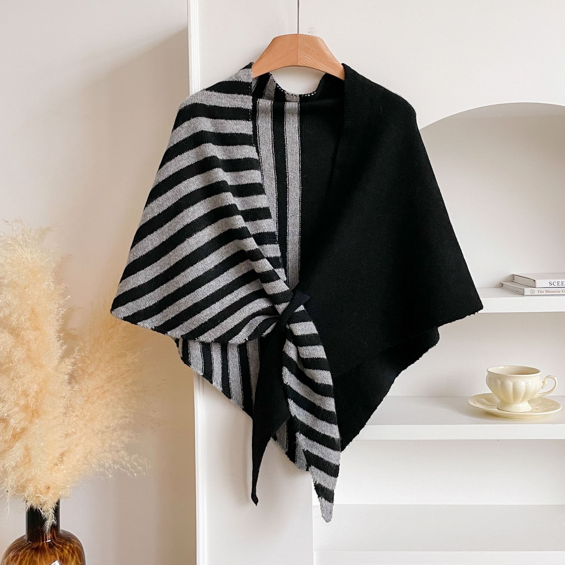 Blue and Grey Color blocking Striped Women's Triangle Shawl Cape - Soft Knit view 3